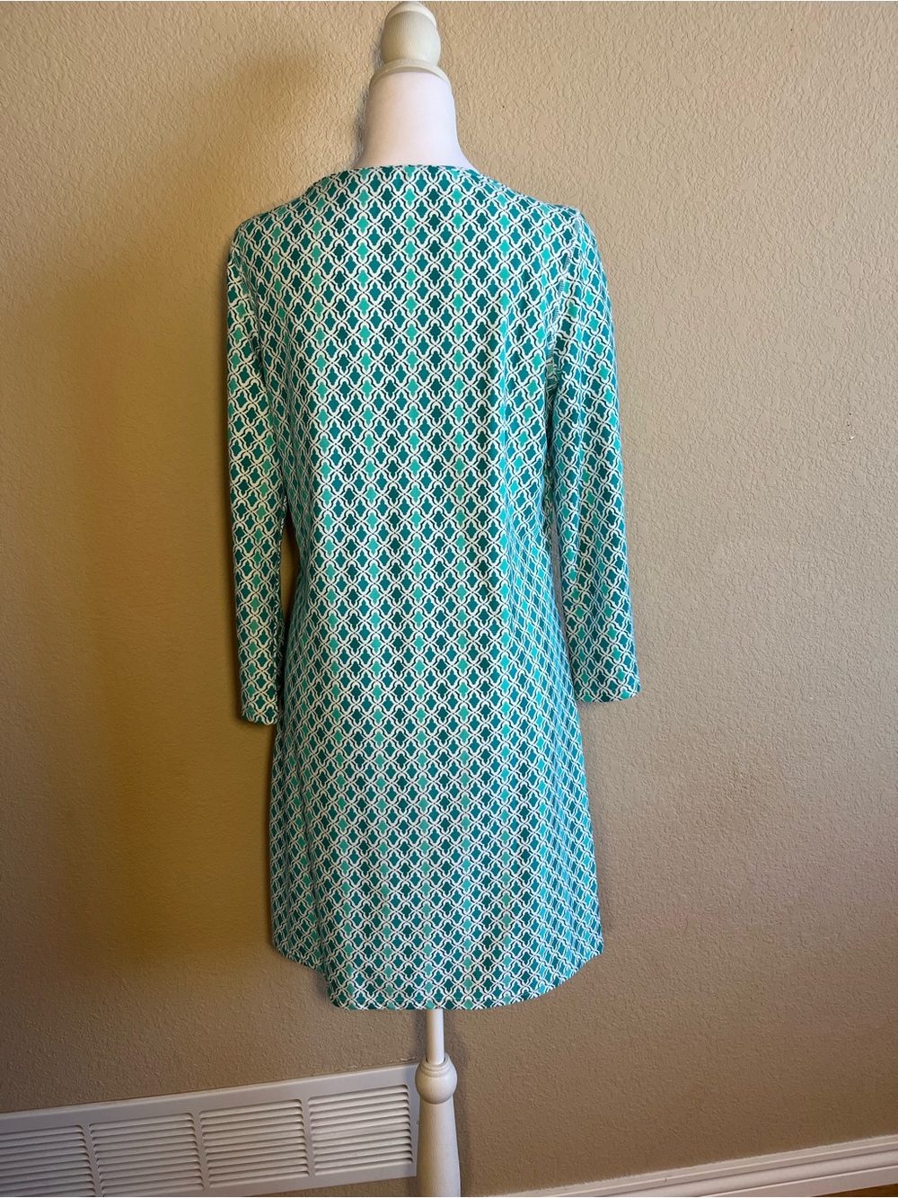Cabana Life Teal and White Geometric Long-Sleeve Dress with Orange Pocket Trim - Picture 2 of 4